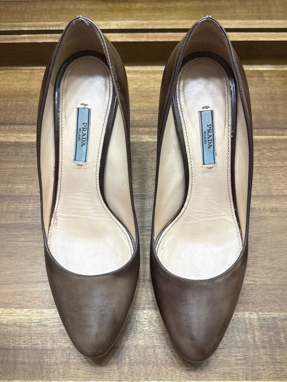 Prada Brown Leather Pointed-Toe Pumps with Neutral Lining